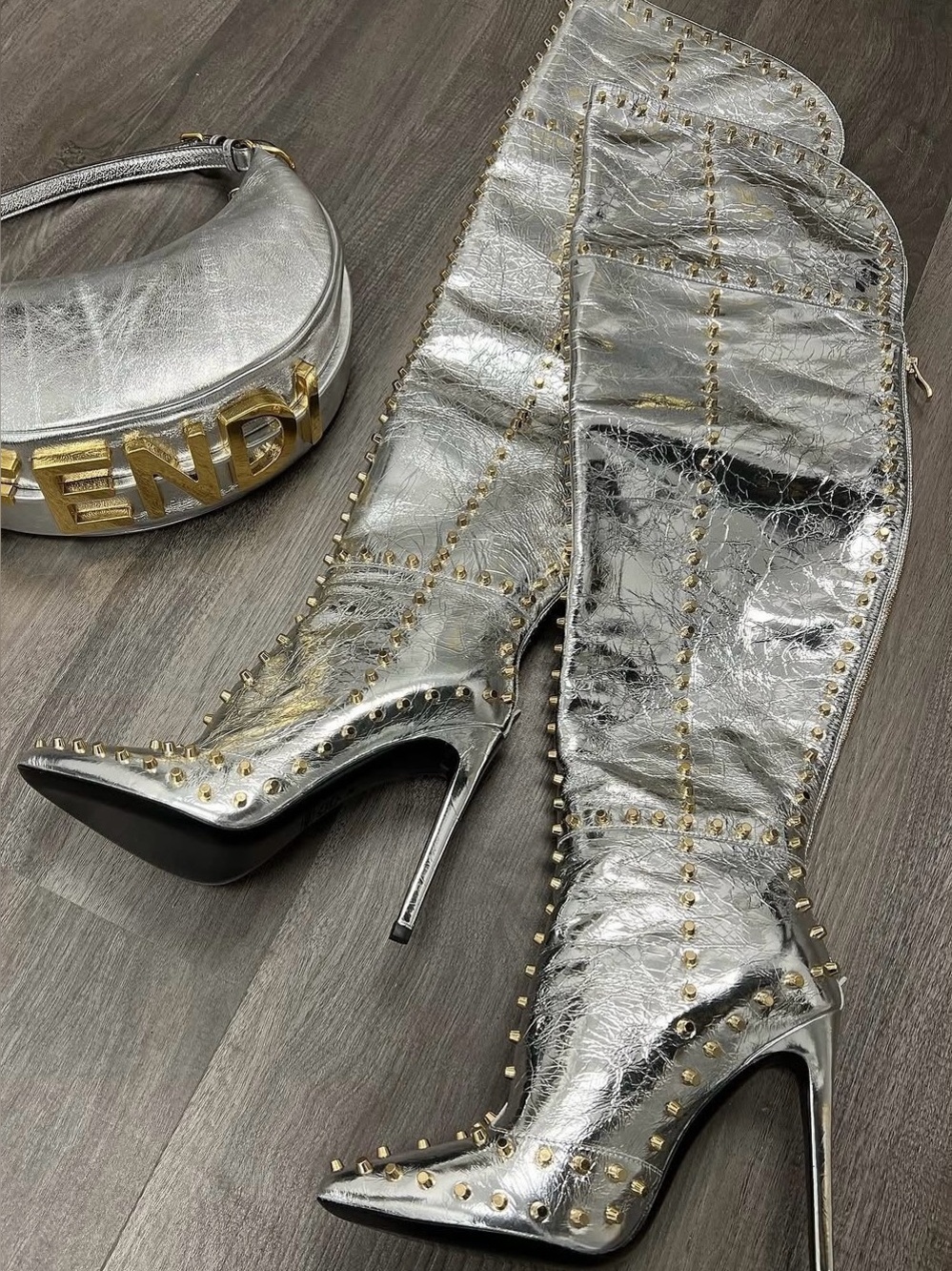 Jennifer Le Silver Metallic thigh high Studded Stiletto Boots